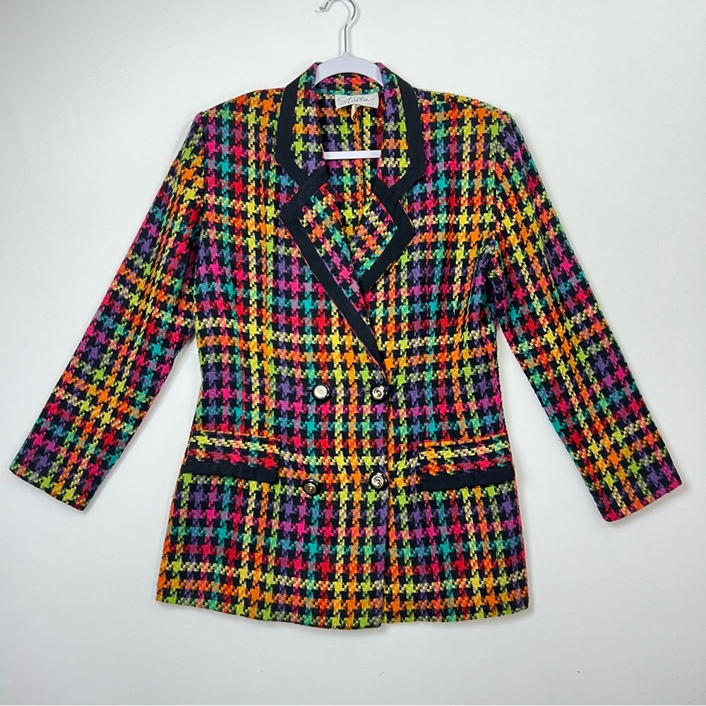 Vintage 1980s Rainbow Houndstooth Oversized Blazer Jacket Women’s Small